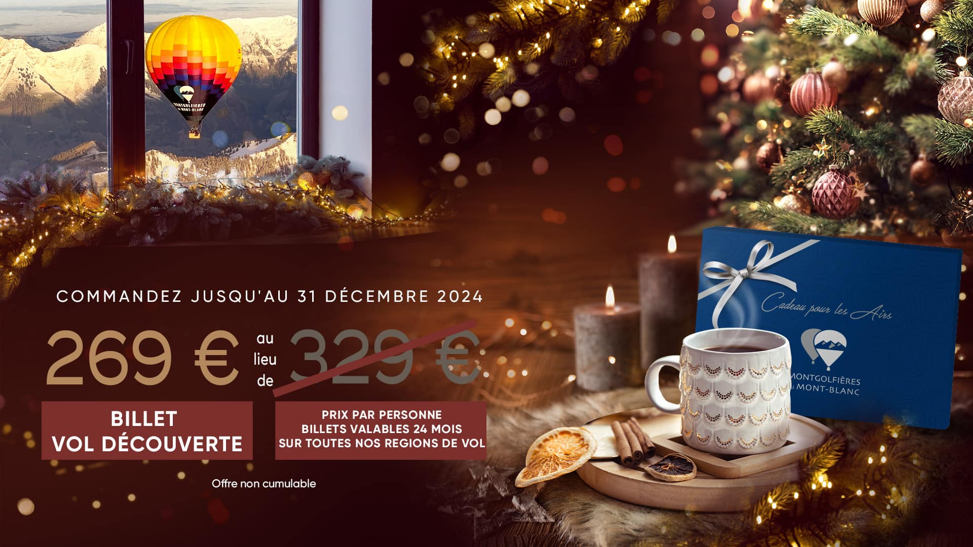 Offre de Noël 2024. Image chaleureuse avec Sapin de Noël. chalet cosy et montgolfière au travers de la fenêtre